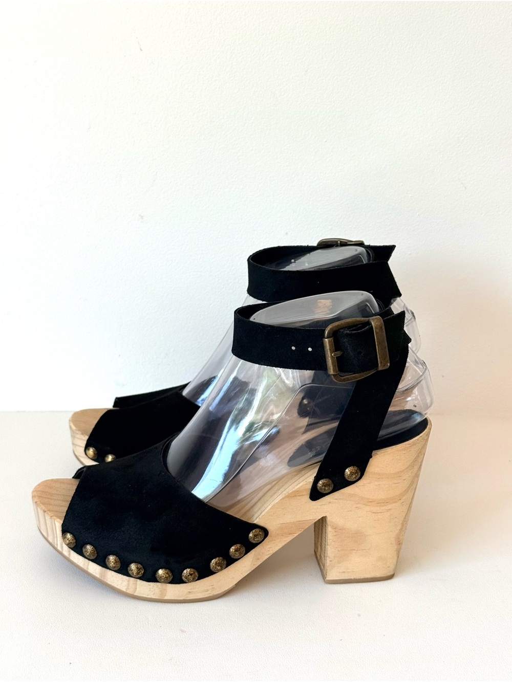 Free People Pasadena Clogs Black Suede Studded Wooden Platform Sandals Peep Toe - Picture 11 of 16